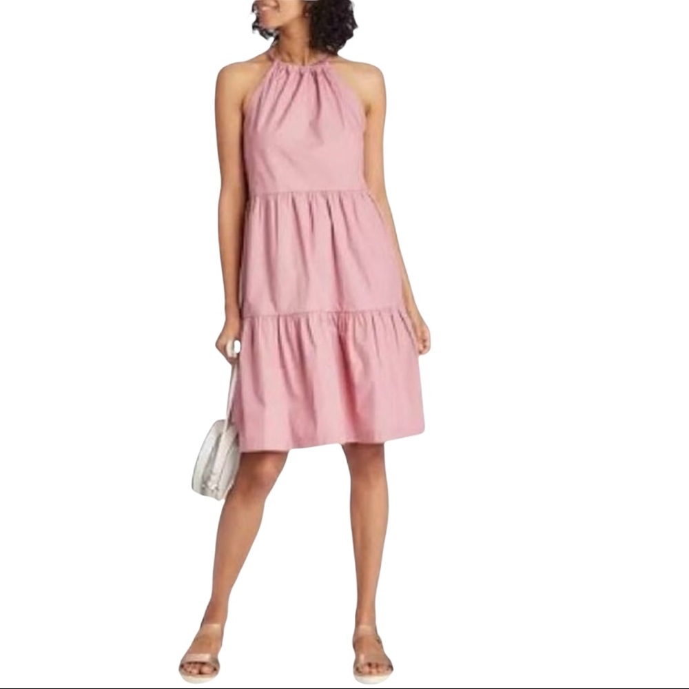 A New Day Pink Tiered Halter Dress Sundress  Summer Small MWT